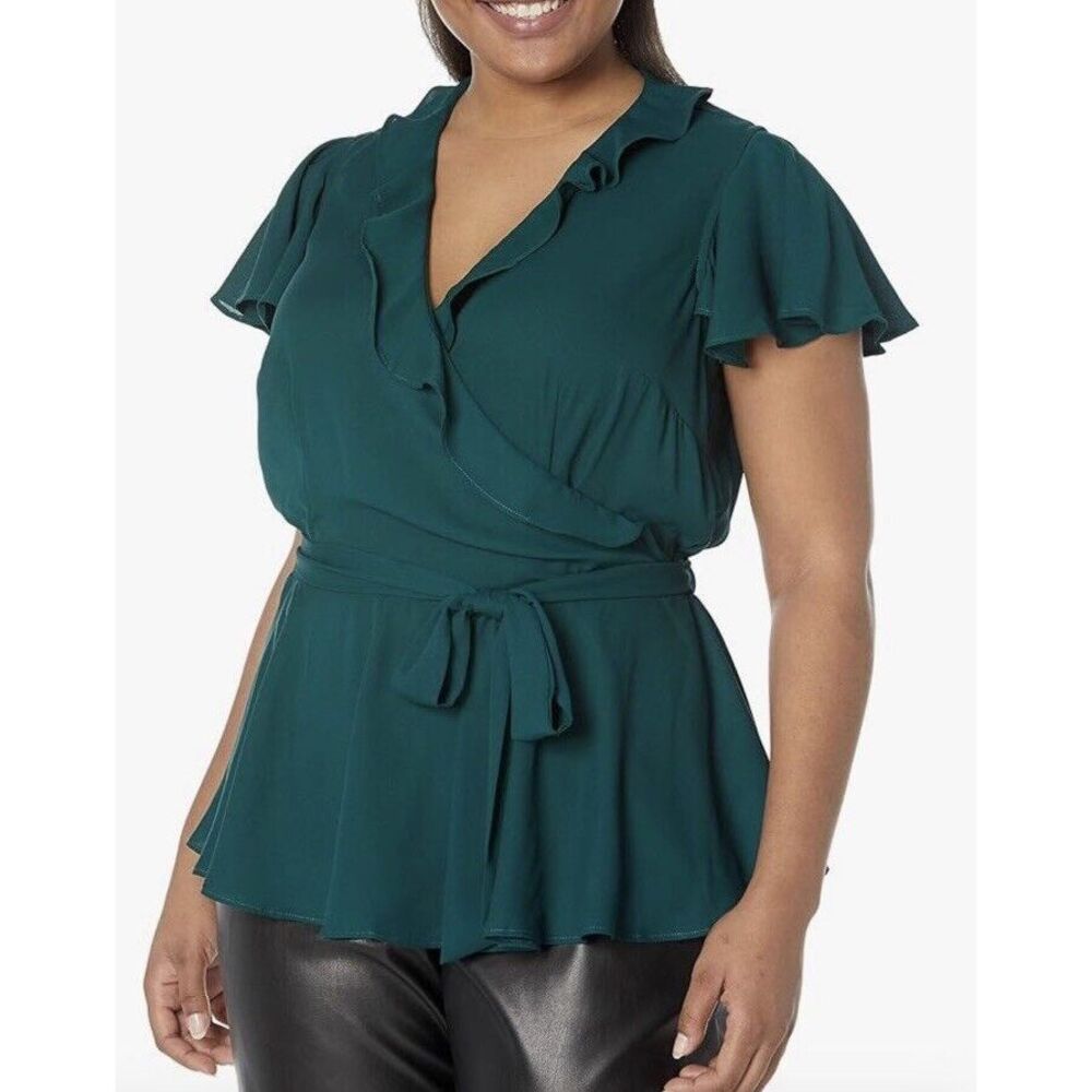 City Chic Green Wrap Belted Flutter Sleeve Peplum Ruffle V Neck Top Small NWT